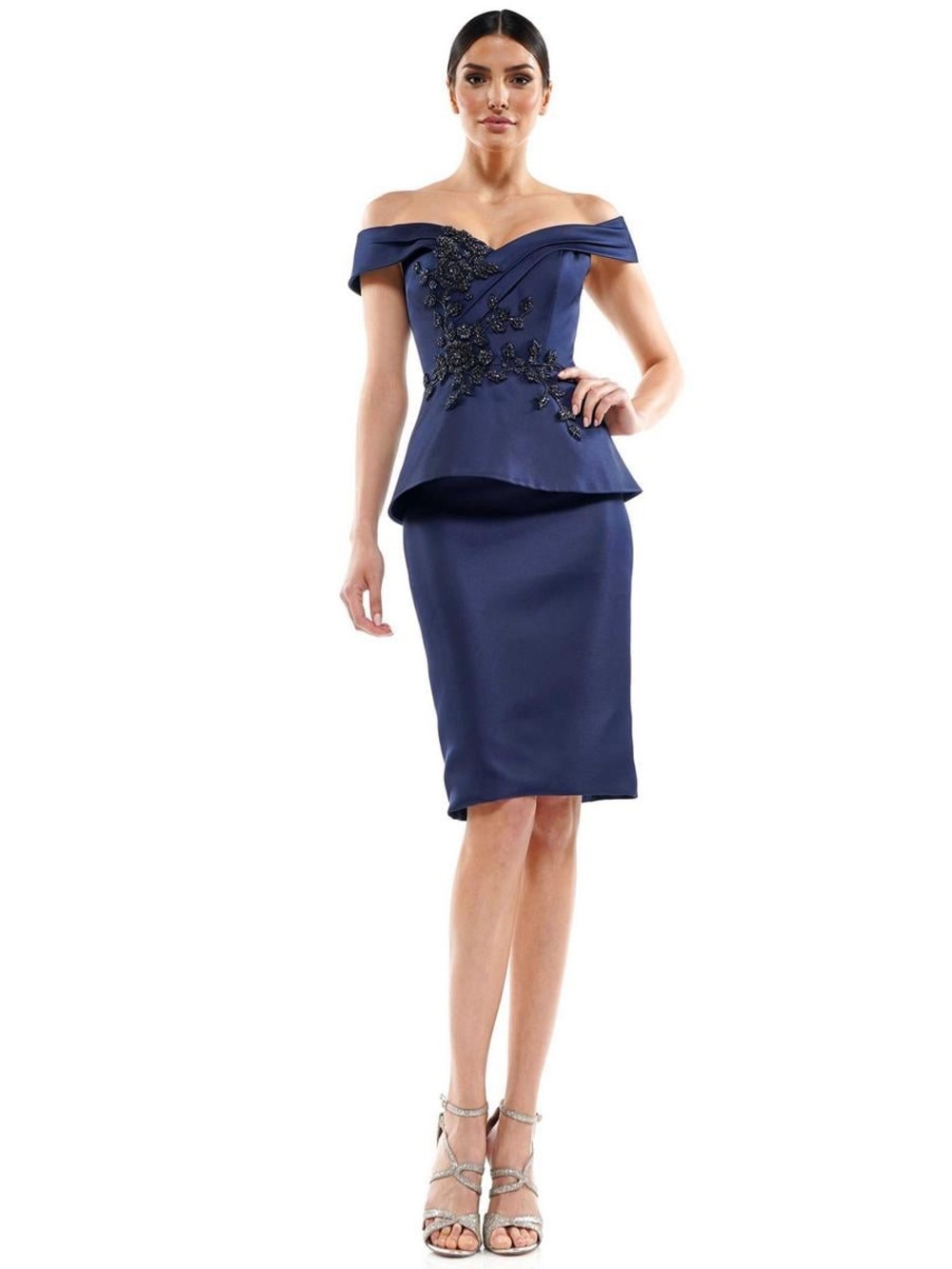 NWT Marsoni by Colors $460 MSRP Navy Satin Off Shoulder Beaded Cocktail Dress